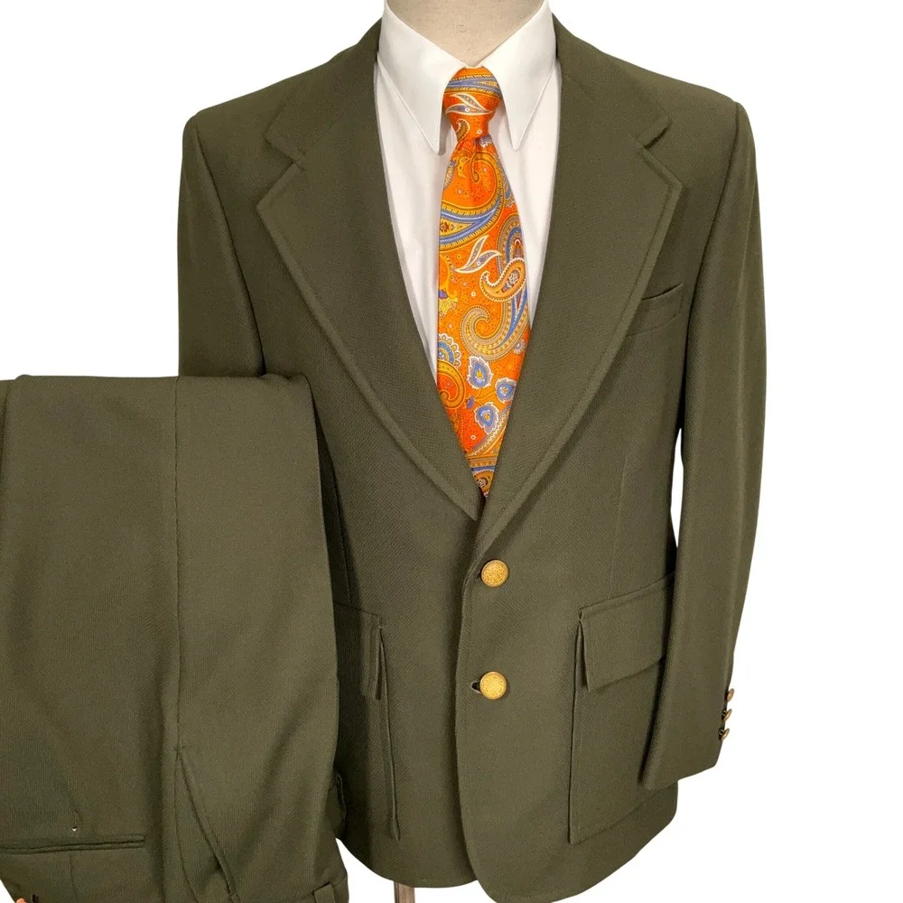Palm Beach Suit Mens 42R Olive Green 2pc Gold Button 70s Leisure USA Officewear